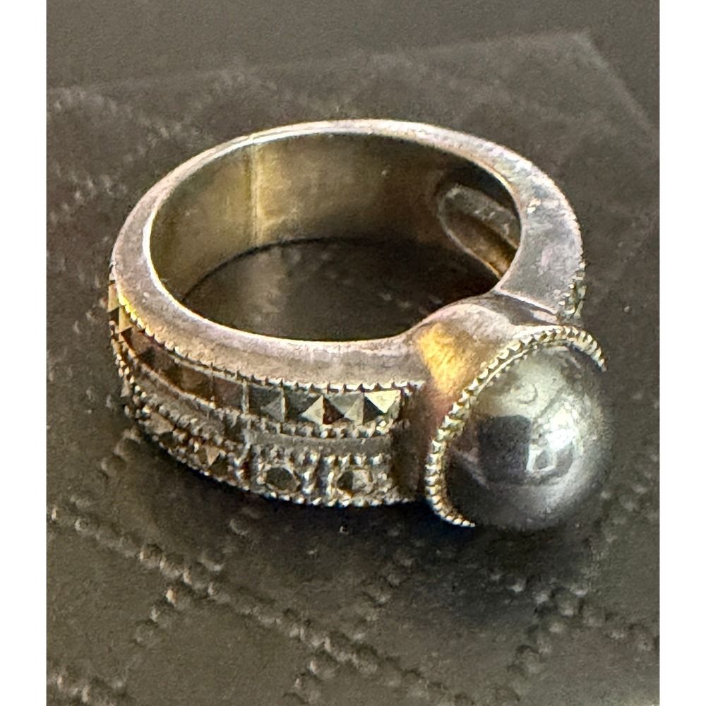 Judith Jack Sterling Silver Hematite Ring Marcasite Statement 925 Signed Size 5